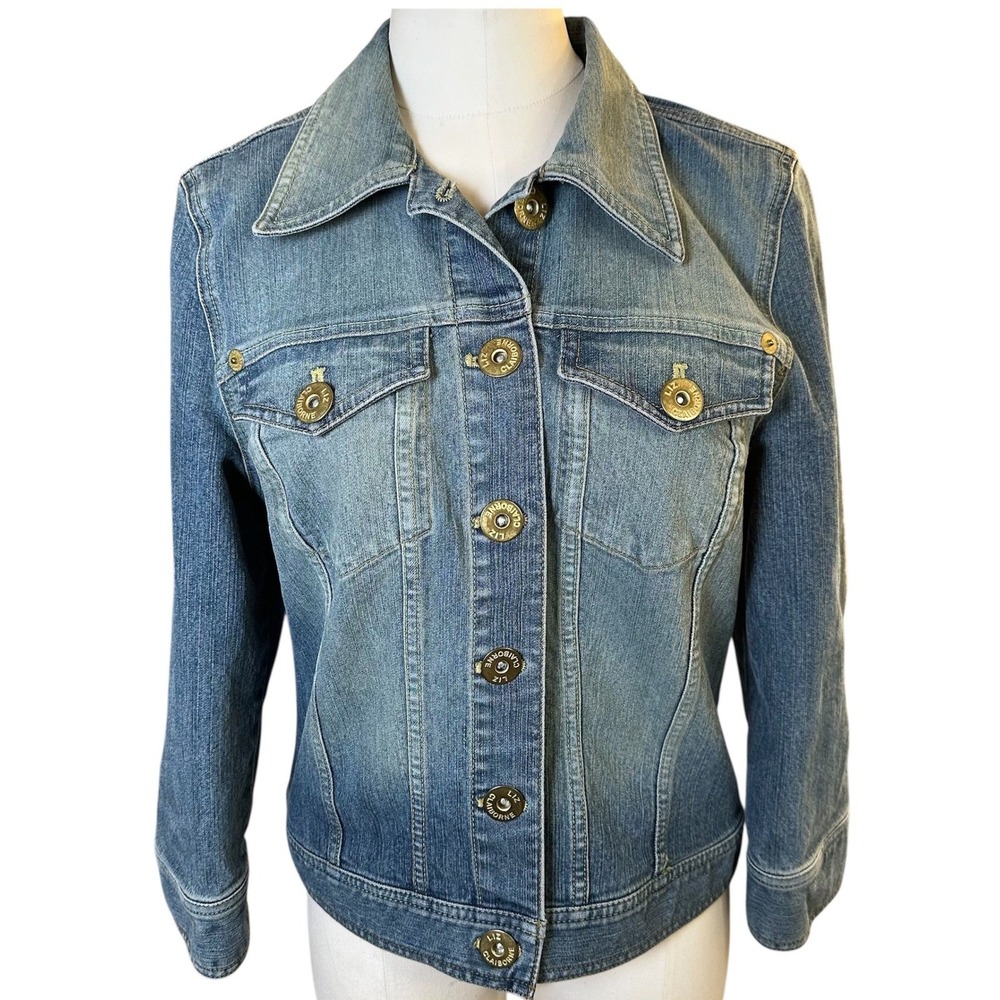 Liz Claiborne Denim Trucker Jacket Women M Blue Medium Wash Stretch Button Front